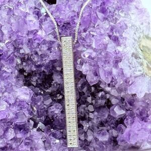 925 Sterling Silver Bar Necklace Pavé Vertical Pendant Italy Box Chain 16”